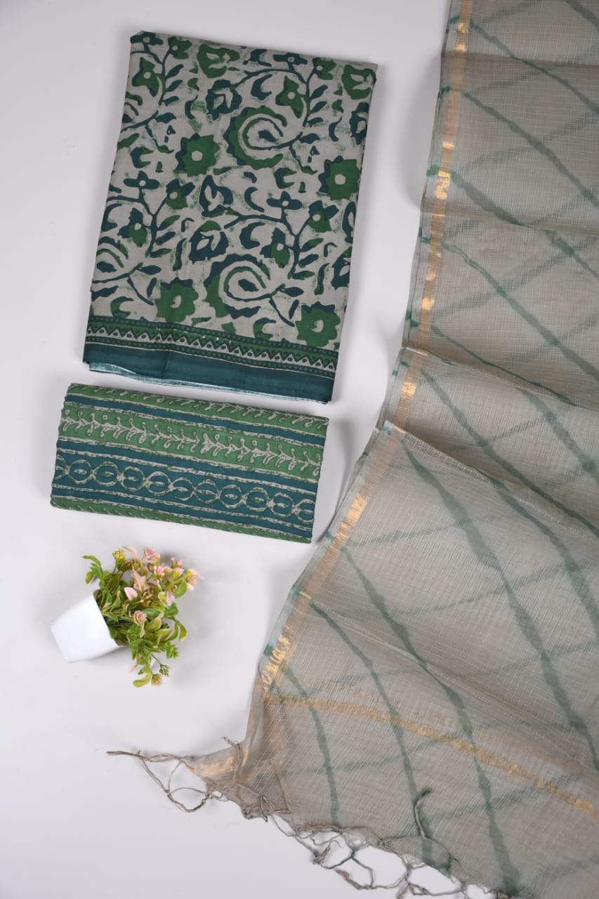 Bottle Green & Cream Floral Hand Block Printed Cotton Suit with Kota Doria Dupatta | Discharge Print (MVCOTKD17)