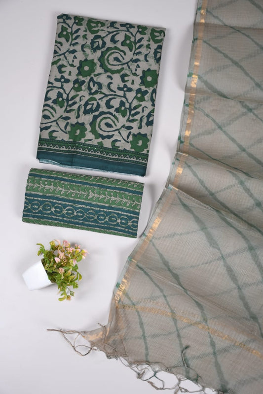 Bottle Green & Cream Floral Hand Block Printed Cotton Suit with Kota Doria Dupatta | Discharge Print (MVCOTKD17)