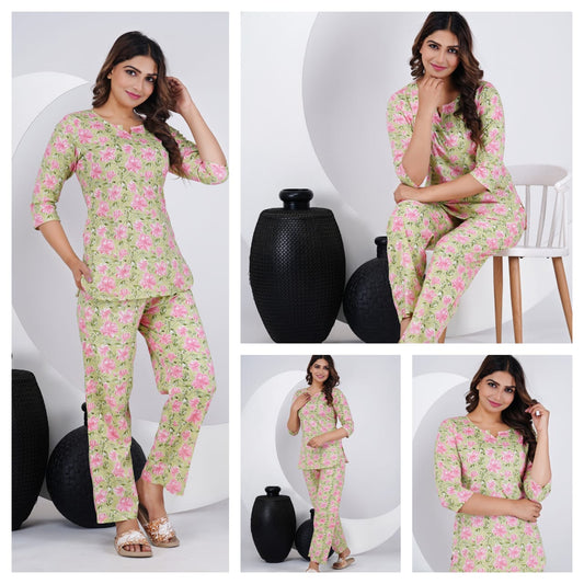 Green Pink Floral Cotton Night Suit for Women | Stylish Nightwear (MVNS32)