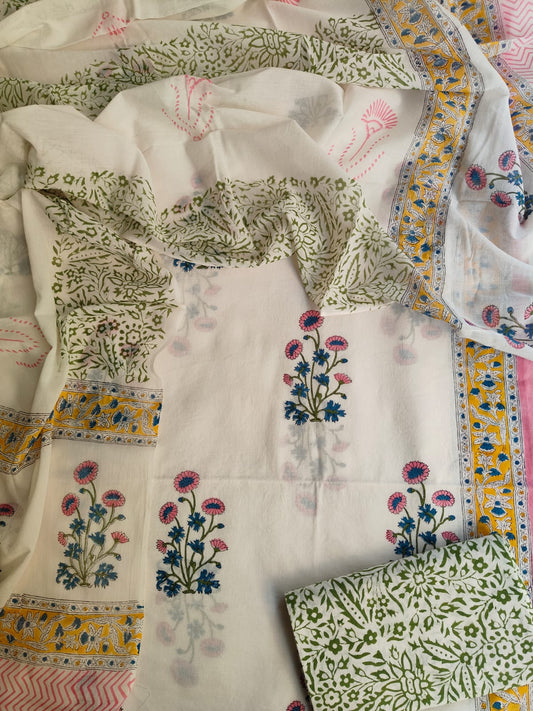 White Green Floral Hand Block Cotton Unstitched Suit Set with Dupatta (MVCOT41)