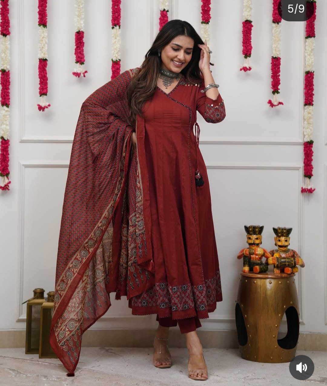 Maroon Cotton Angrakha Anarkali Suit