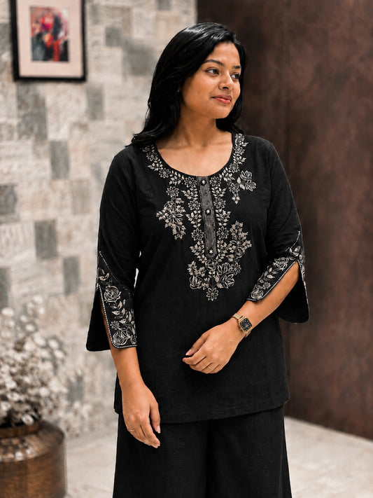 Black Cotton Embroidered Co-ord Set with Plazo