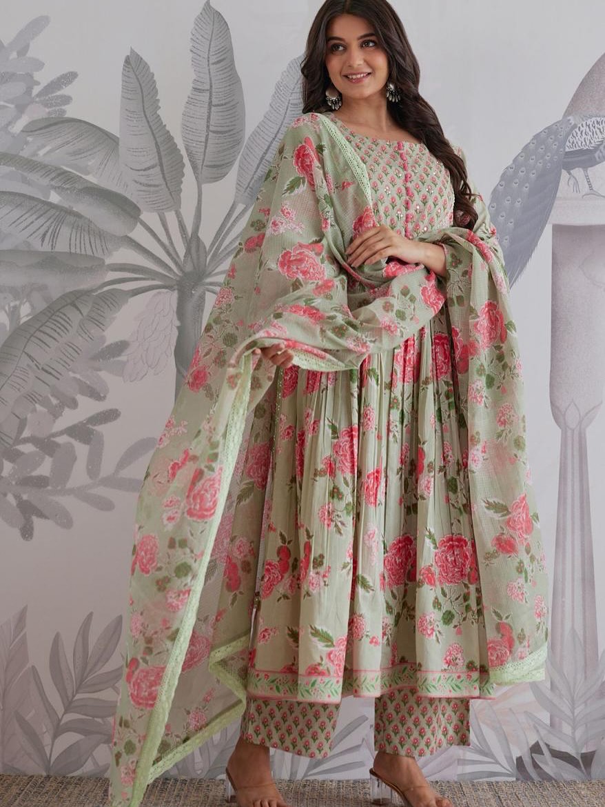 Green Floral Cotton Anarkali Kurti Set with Dupatta for Women