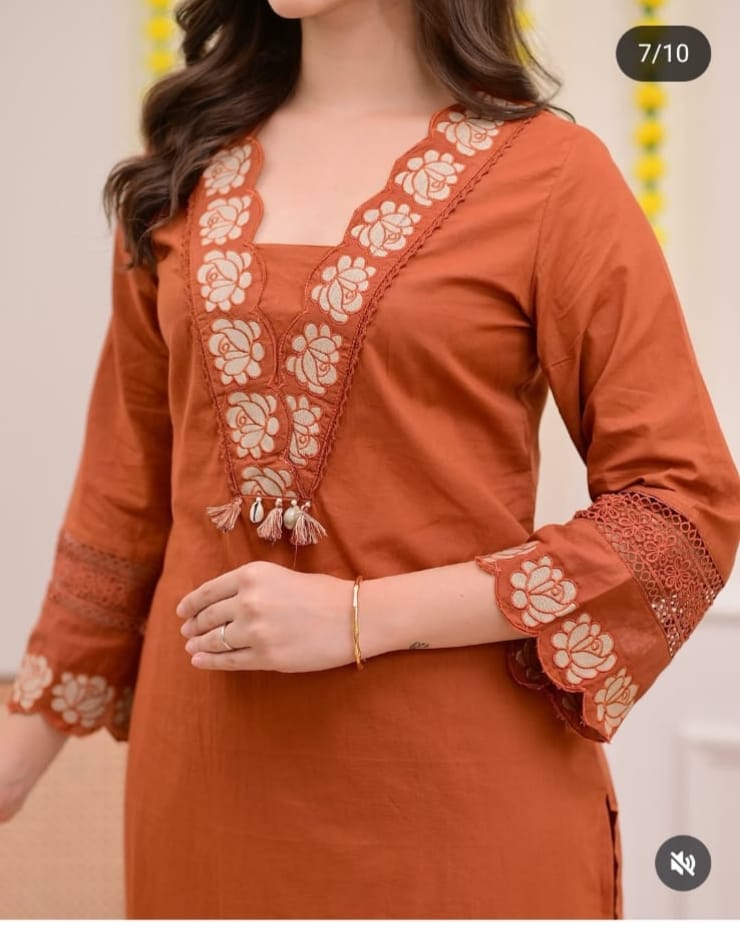 Rust Orange Embroidered Kurta Set for Women |