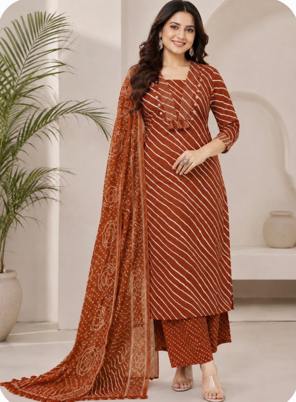 Rust Orange Lehariya Print Pure Cotton Suit Set