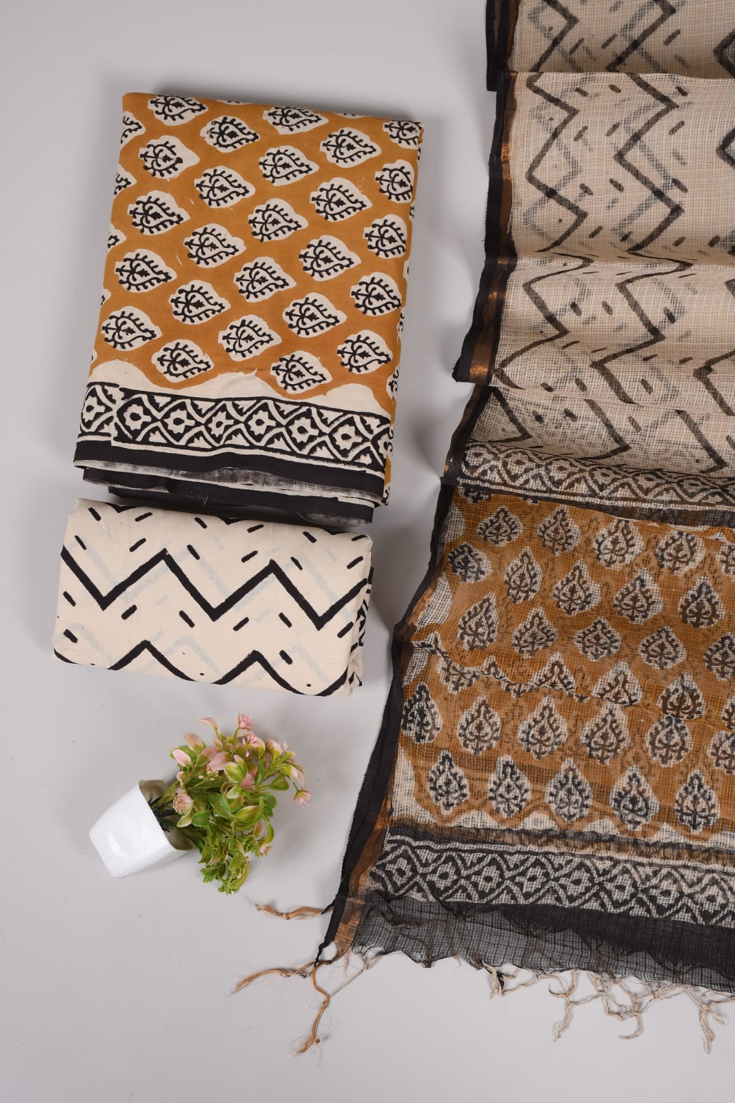 Mustard & Cream Indigo Dabu Hand Block Printed Cotton Suit with Kota Doria Dupatta | Chevron & Buta Print (MVCOTKD02)