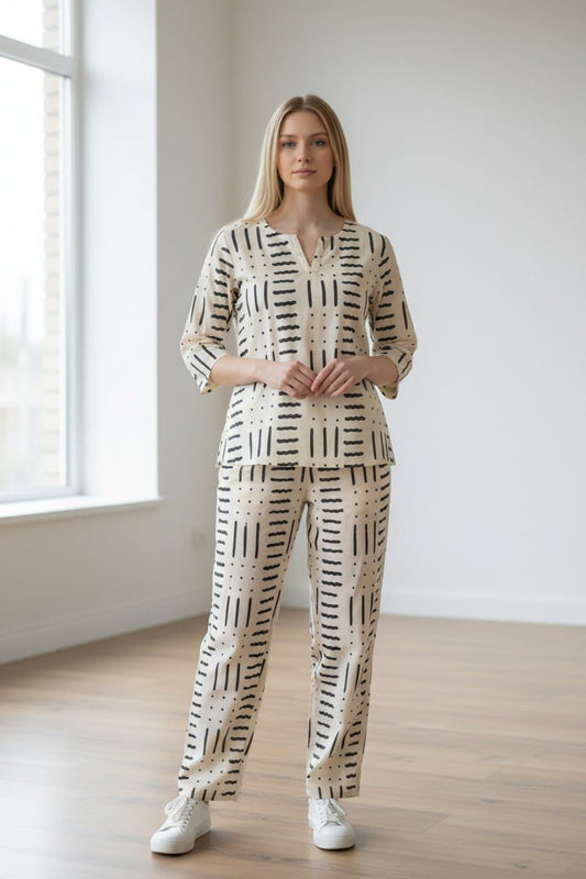 White Black Printed Cotton Night Suit for Women | Modern Sleepwear (MVNS56)