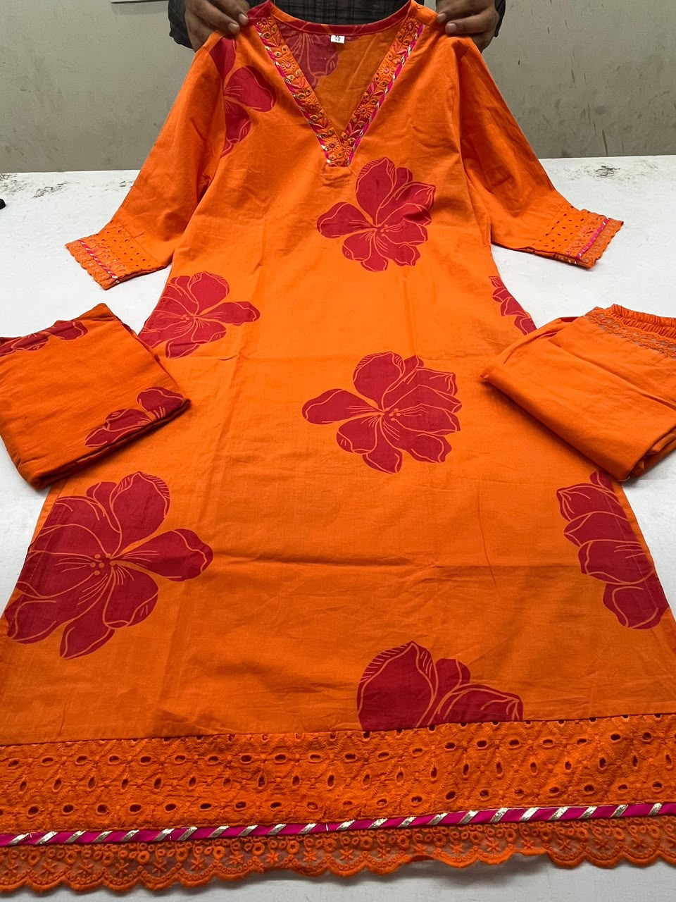 Orange Pure Cotton Printed Kurti Pant Dupatta Set