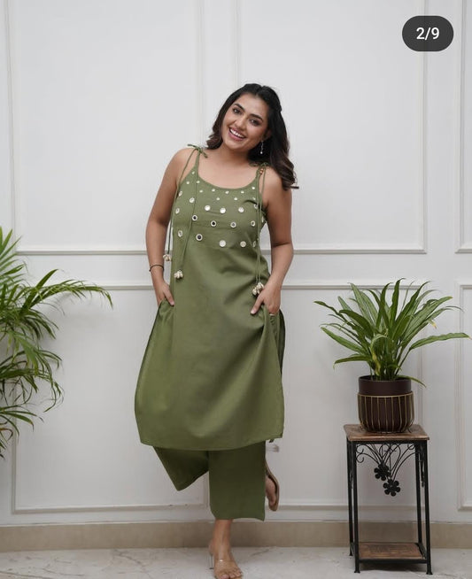 Olive Green Cotton Slub Cord Set | Sleeveless Mirror Work Kurta Set for Women