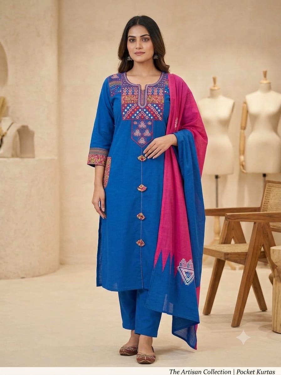 Blue Heavy Cotton Embroidered Kurti Set | Pocket Kurta with Pant & Dupatta
