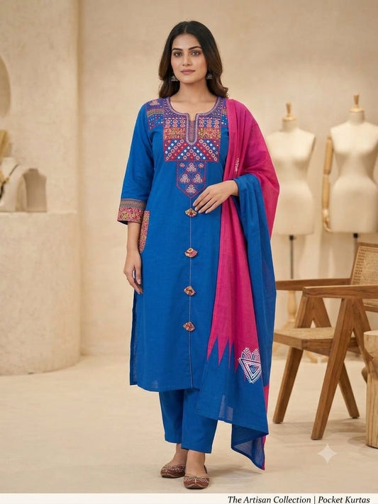 Blue Heavy Cotton Embroidered Kurti Set | Pocket Kurta with Pant & Dupatta