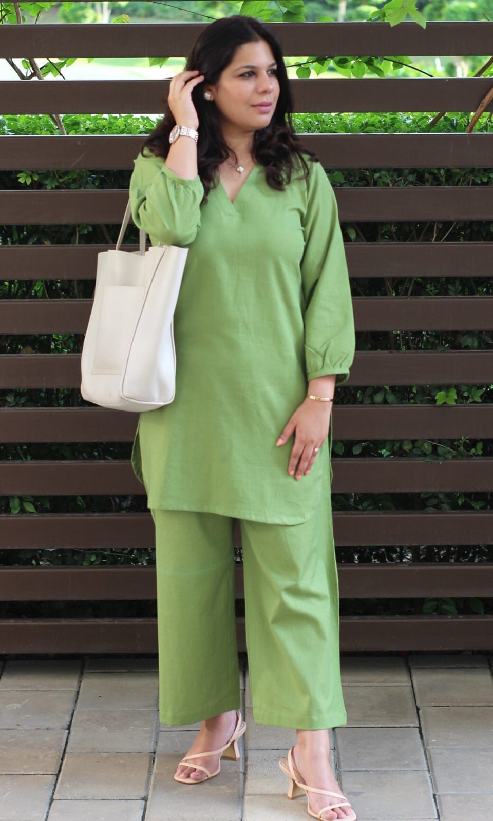 Light Green Cotton Slub Pant Set | Stylish Ethnic Office Wear