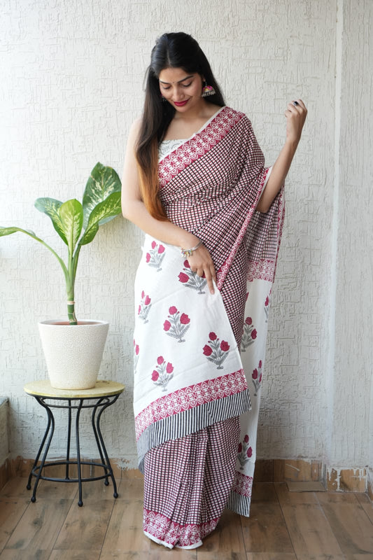 White Red Hand Block Printed Cotton Saree with Blouse | Traditional Cotton Saree (MVCS69)