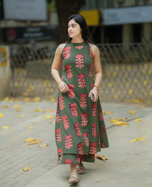Green Floral Printed Cotton Kurta Palazzo Set for Women | A-Line Halter Neck Festive Wear