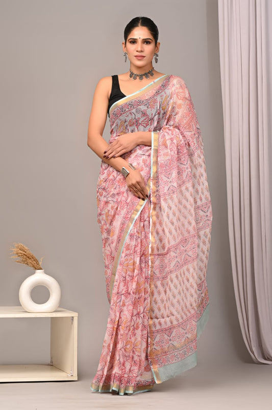 Blush Pink Mint Kota Doriya Saree | Bagru Floral Hand Block Print with Blouse (MVKS47)