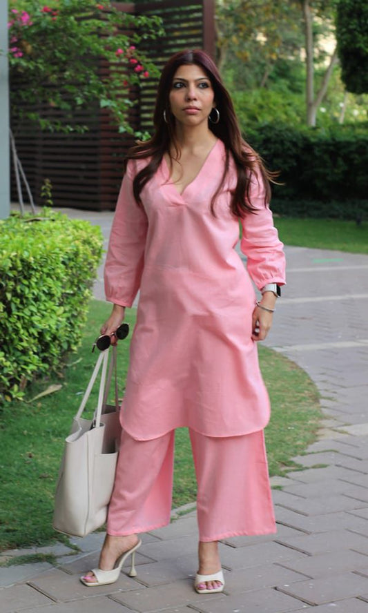 Peach Pink Cotton Slub Kurta Pant Set | Trendy Office Wear