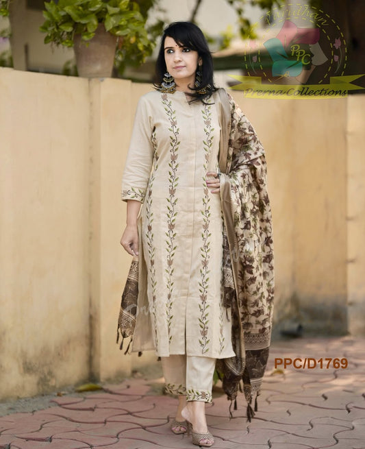 Beige Handloom Cotton Kurti Pant Dupatta Set with Embroidery & Kalamkari Dupatta