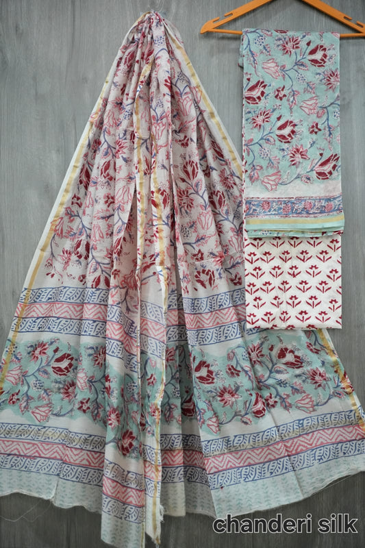 Light Teal & Maroon Lotus Floral Hand Block Print Chanderi Silk Suit Material (MVCHS07)