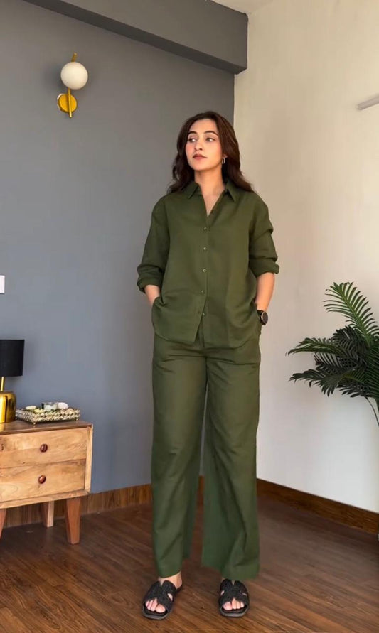 Olive Green Pure Cotton Coord Set | Shirt & Wide Leg Pant
