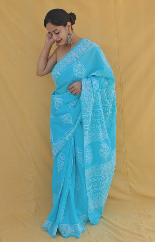 Sky Blue Hand Block Printed Cotton Saree with Blouse (MVCS84)