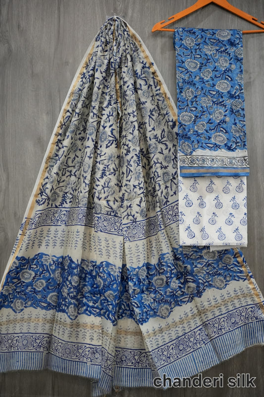Royal Blue & White Hand Block Print Chanderi Silk Dress Material (MVCHS09)
