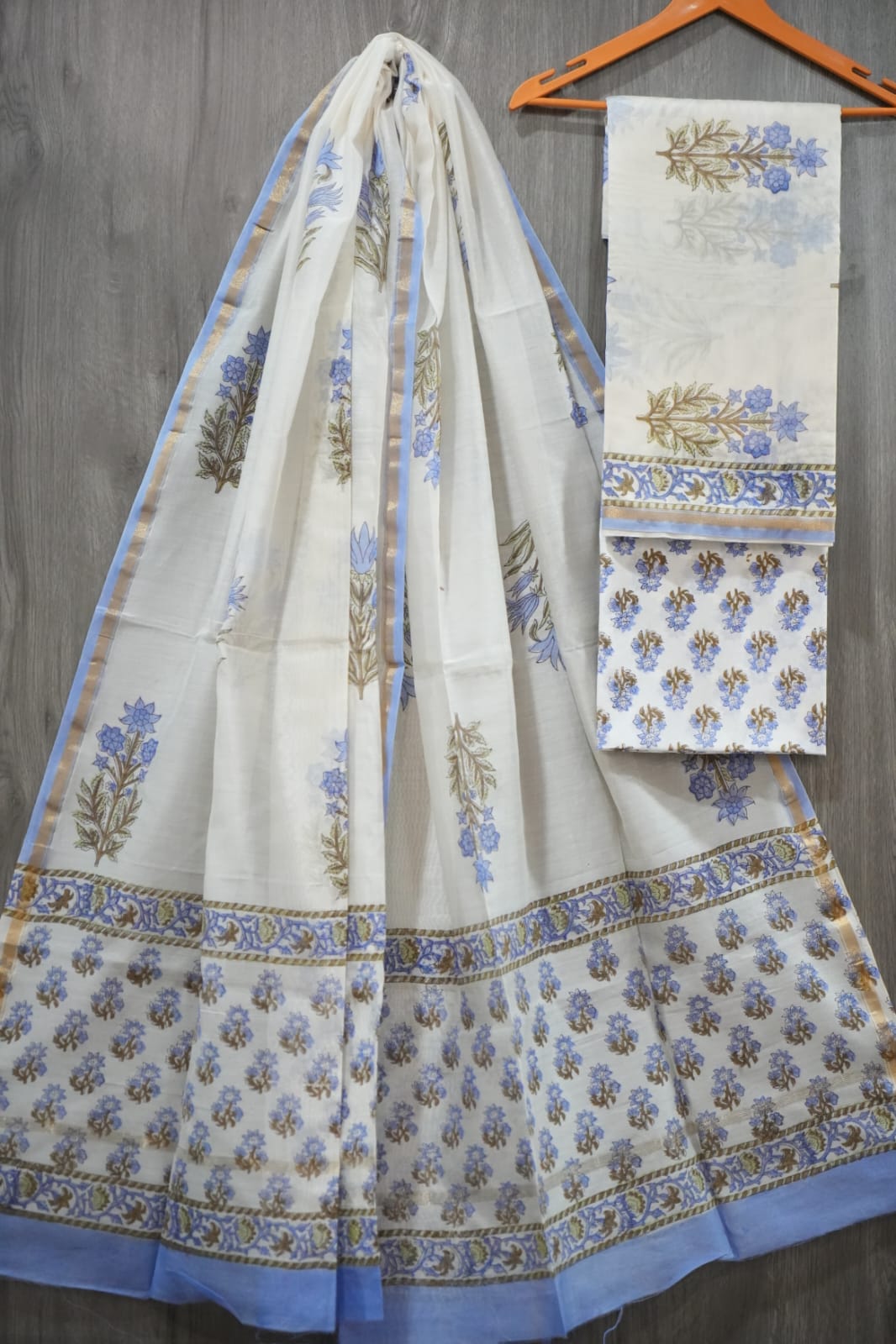 White & Sky Blue Sparse Floral Butti Hand Block Print Chanderi Silk Dress Material (MVCHS47)