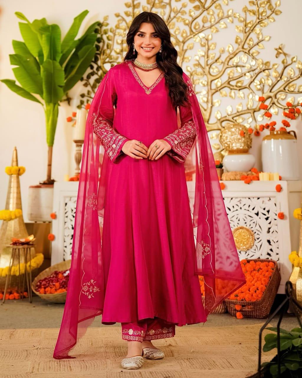 Rani Pink Chinon Silk Anarkali Kurti Pant Dupatta Set for Women