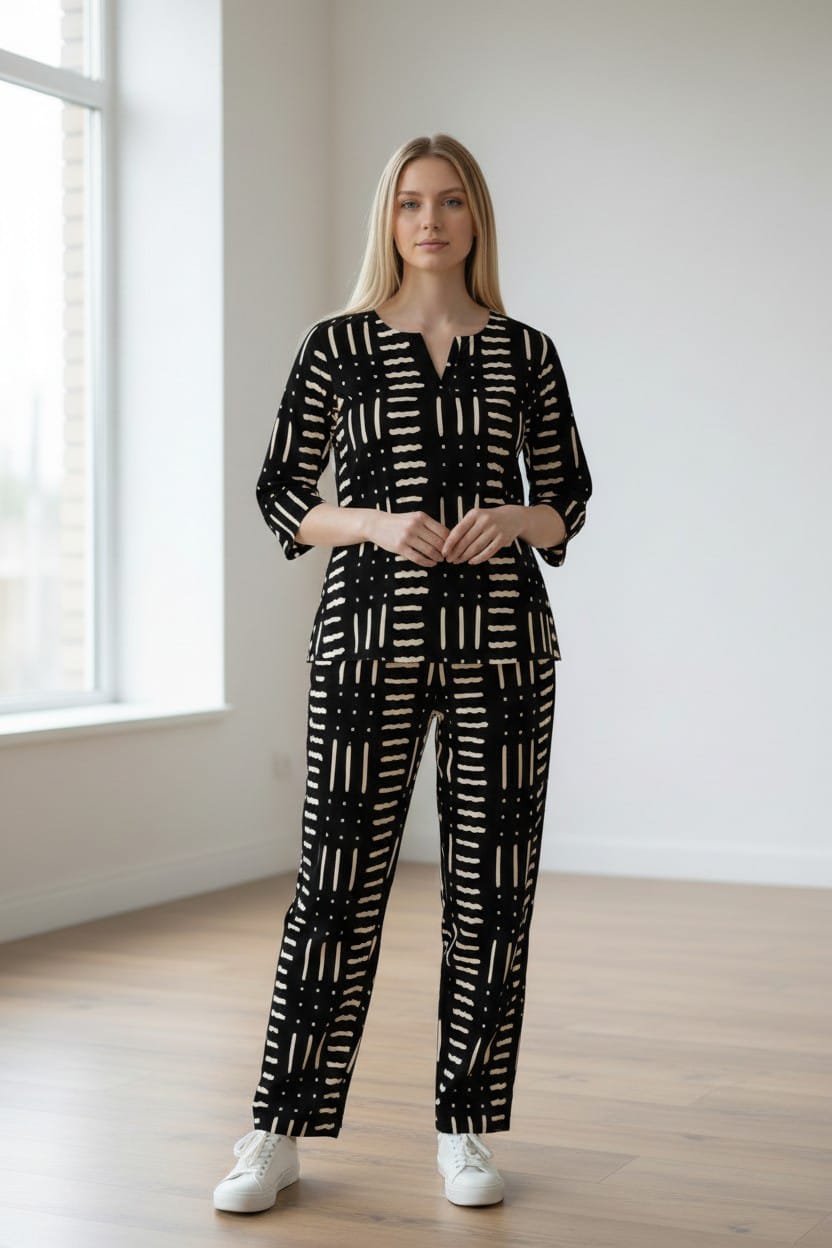Black Abstract Cotton Night Suit for Women | Stylish Nightwear Set (MVNS50)