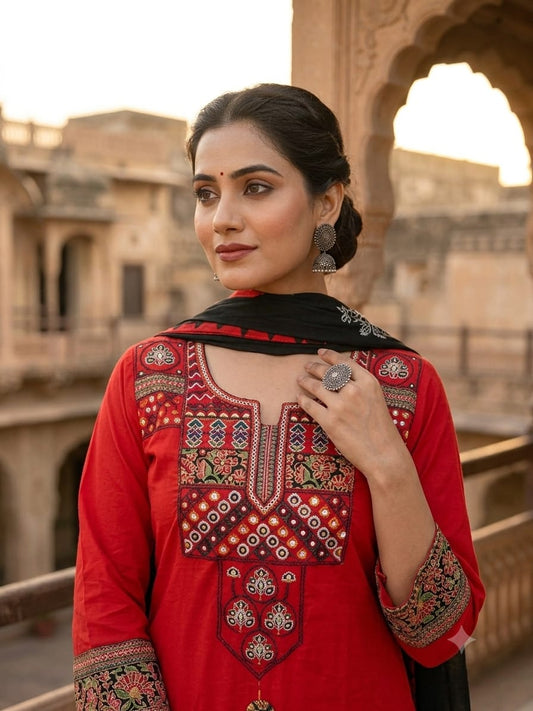Red Heavy Cotton Embroidered Kurti Set | Kurti Pant with Black Dupatta