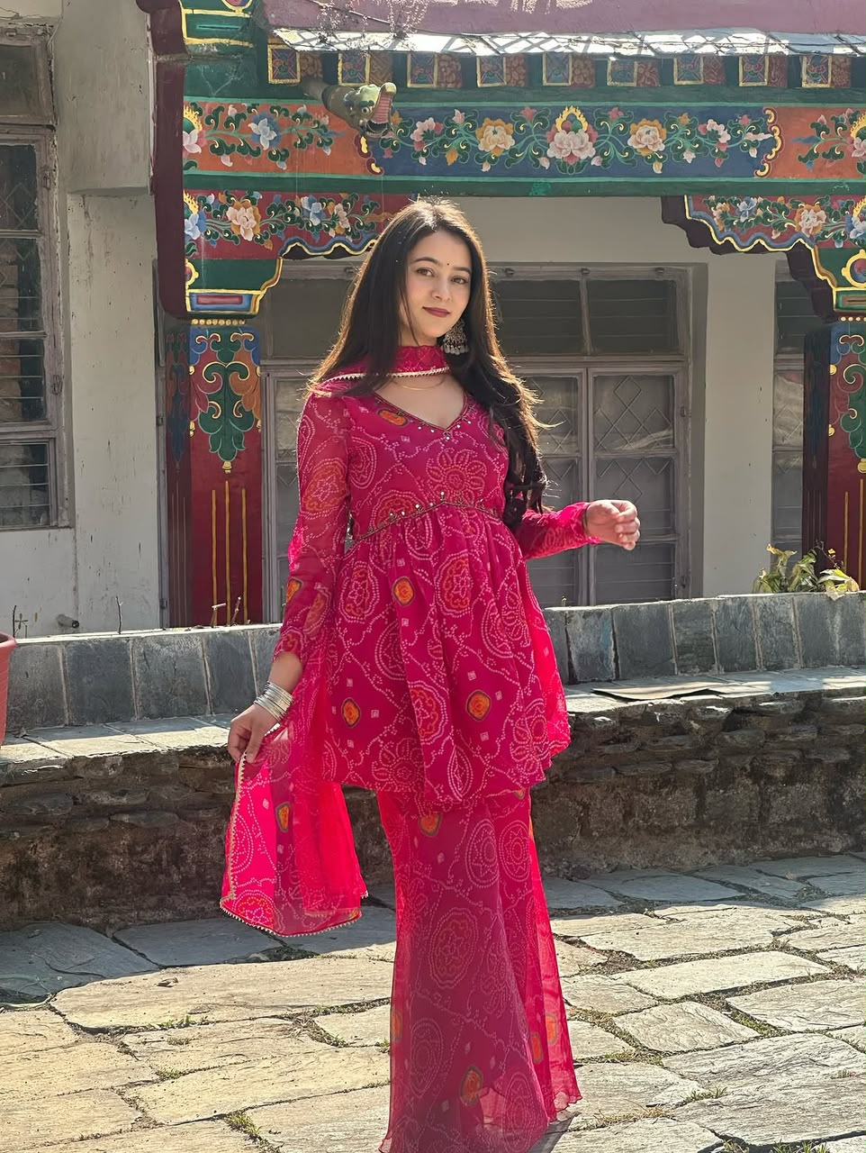 Rani Pink Bandhani Print Sharara Set | Pure Chiffon Kurti Sharara Dupatta with Mirror Work