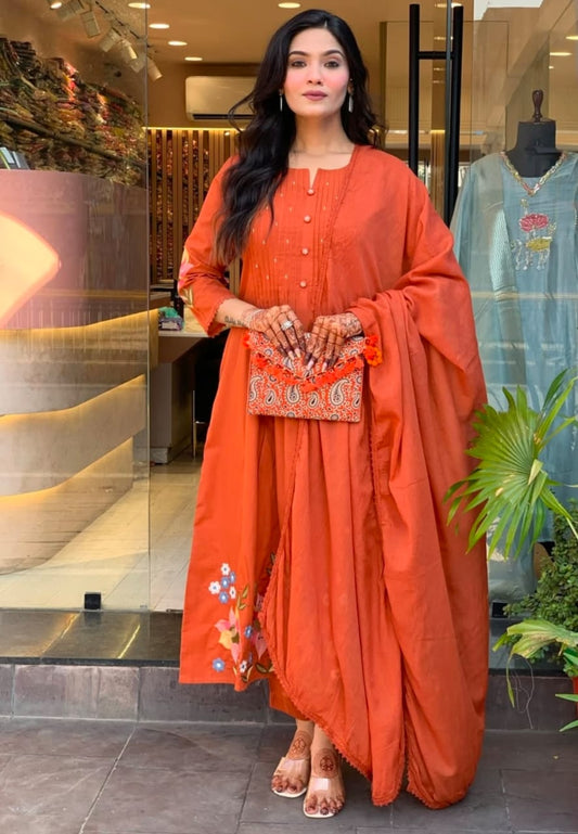 Rust Orange Cotton Anarkali Suit Set for Women | Embroidered Kurti with Pant & Mulmul Dupatta