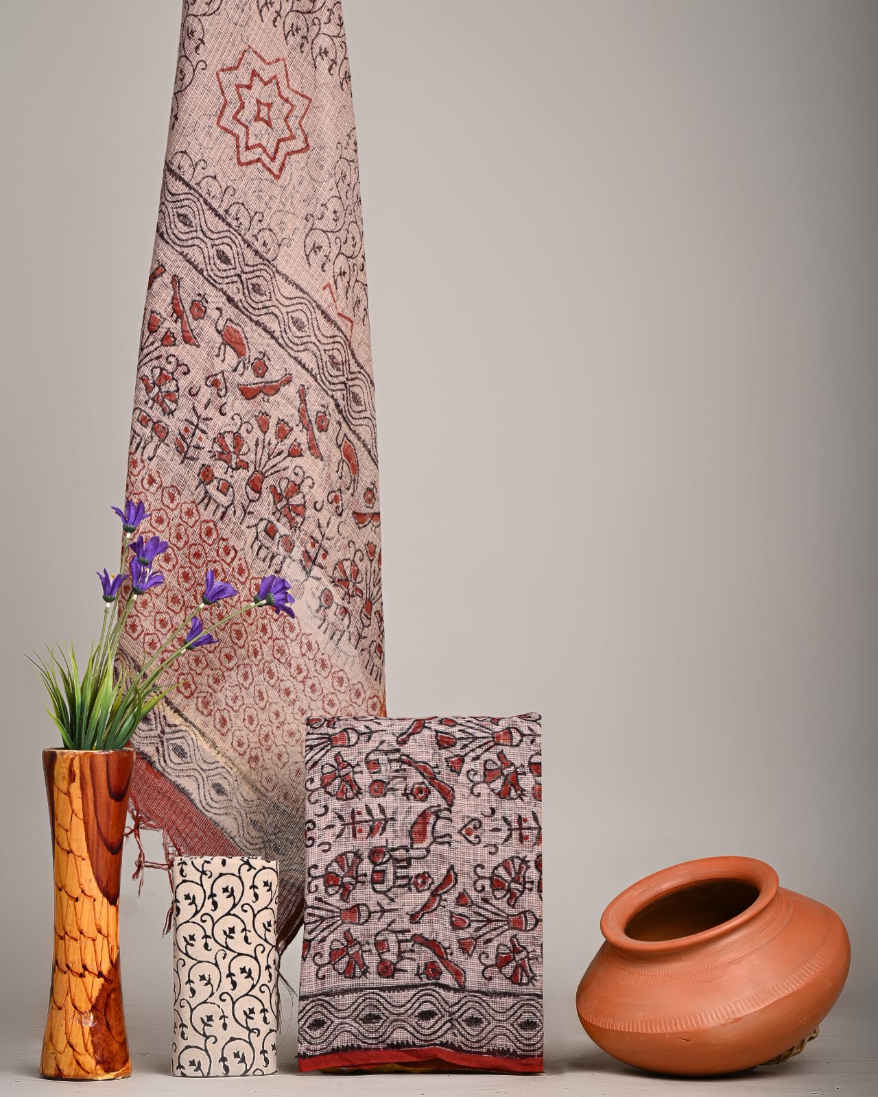 Beige Red Handblock Printed kota doriya Fabric (MVFKO54)