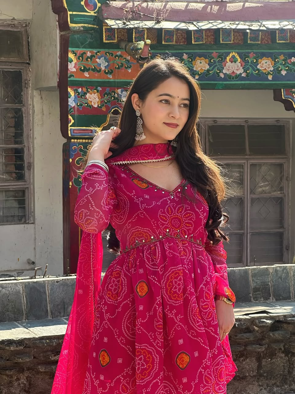 Rani Pink Bandhani Print Sharara Set | Pure Chiffon Kurti Sharara Dupatta with Mirror Work