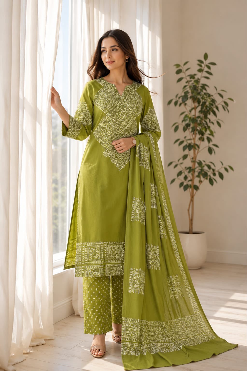 Green Bandhani Print Cotton Kurti Palazzo Dupatta Set