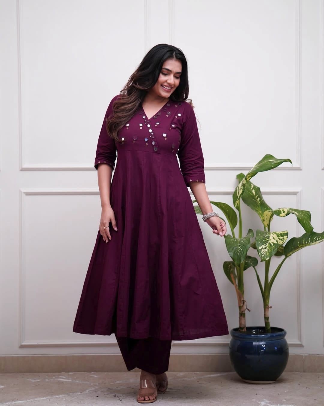 Wine Cotton Kurti Pant Set with Mirror Work | Stylish Office Wear Kurta for Women