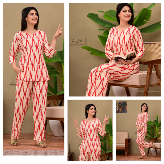 Red Ikat Cotton Night Suit for Women | Stylish Nightwear (MVNS20)