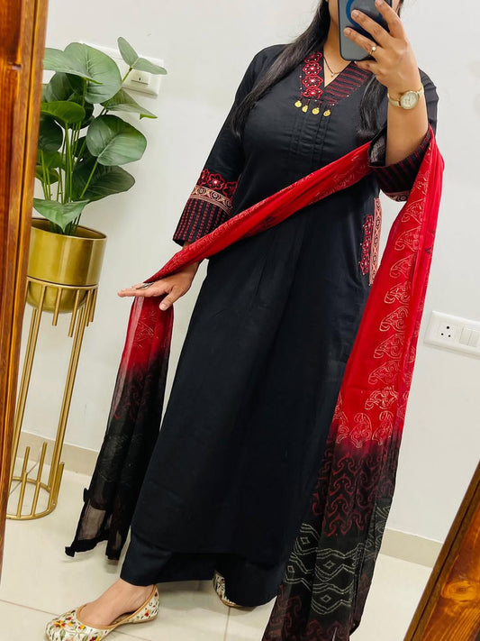 Black Red Kurta Pant Dupatta Set for Women