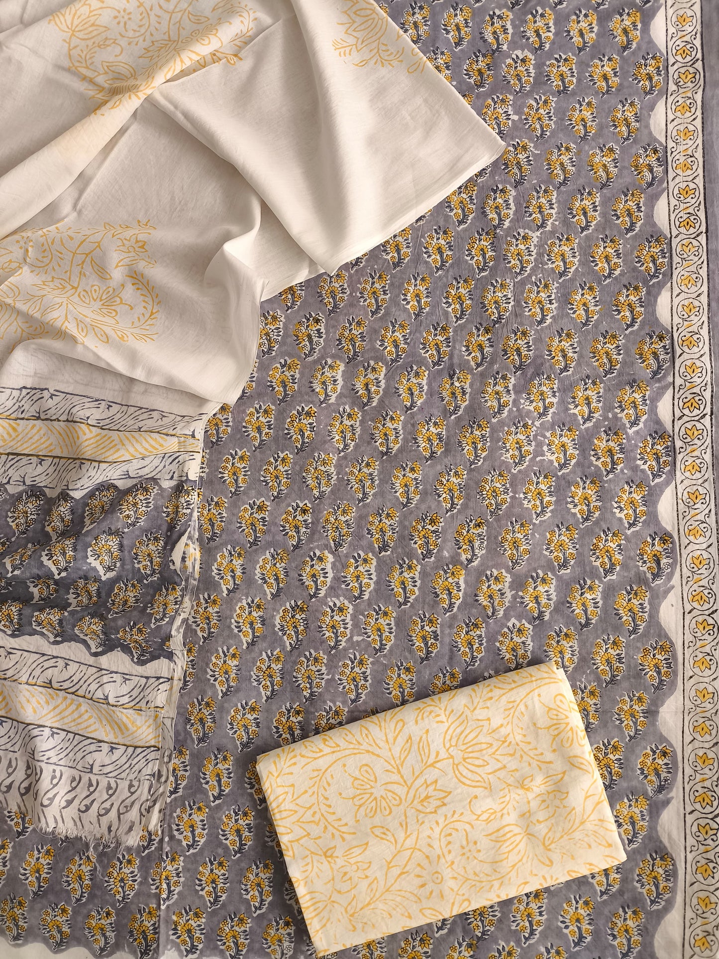 Grey Yellow Hand Block Printed Cotton Unstitched Suit Set (MVCOT25)