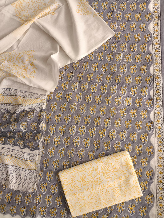 Grey Yellow Hand Block Printed Cotton Unstitched Suit Set (MVCOT25)