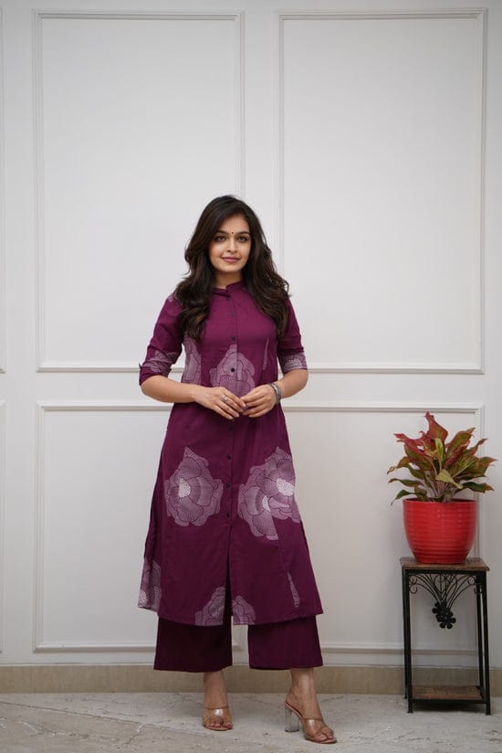 Wine Purple Floral Cotton Kurti Palazzo Set | Stylish A-Line Co-ord Set for Women