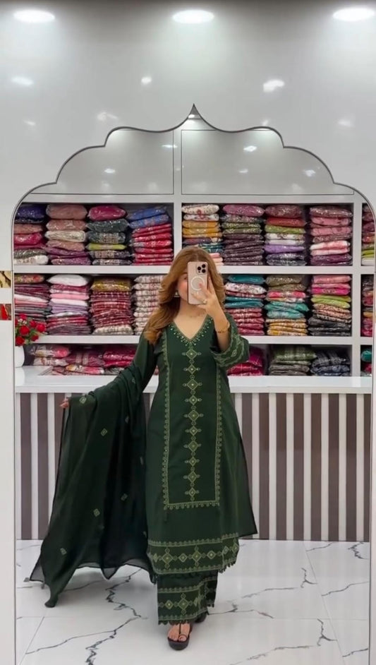 Bottle Green Chikankari Embroidered Cotton Suit Set for Women