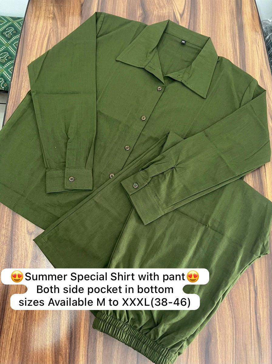 Olive Green Pure Cotton Coord Set | Shirt & Wide Leg Pant