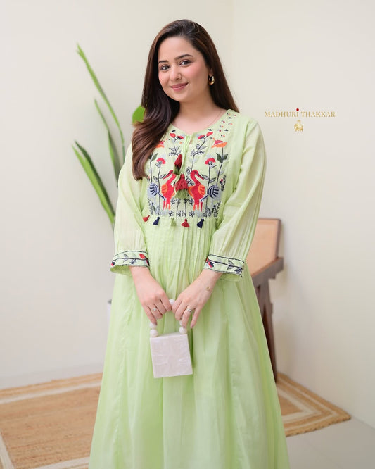 Light Green Cotton Embroidered Kurti Pant Set | Elegant Ethnic Wear for Women