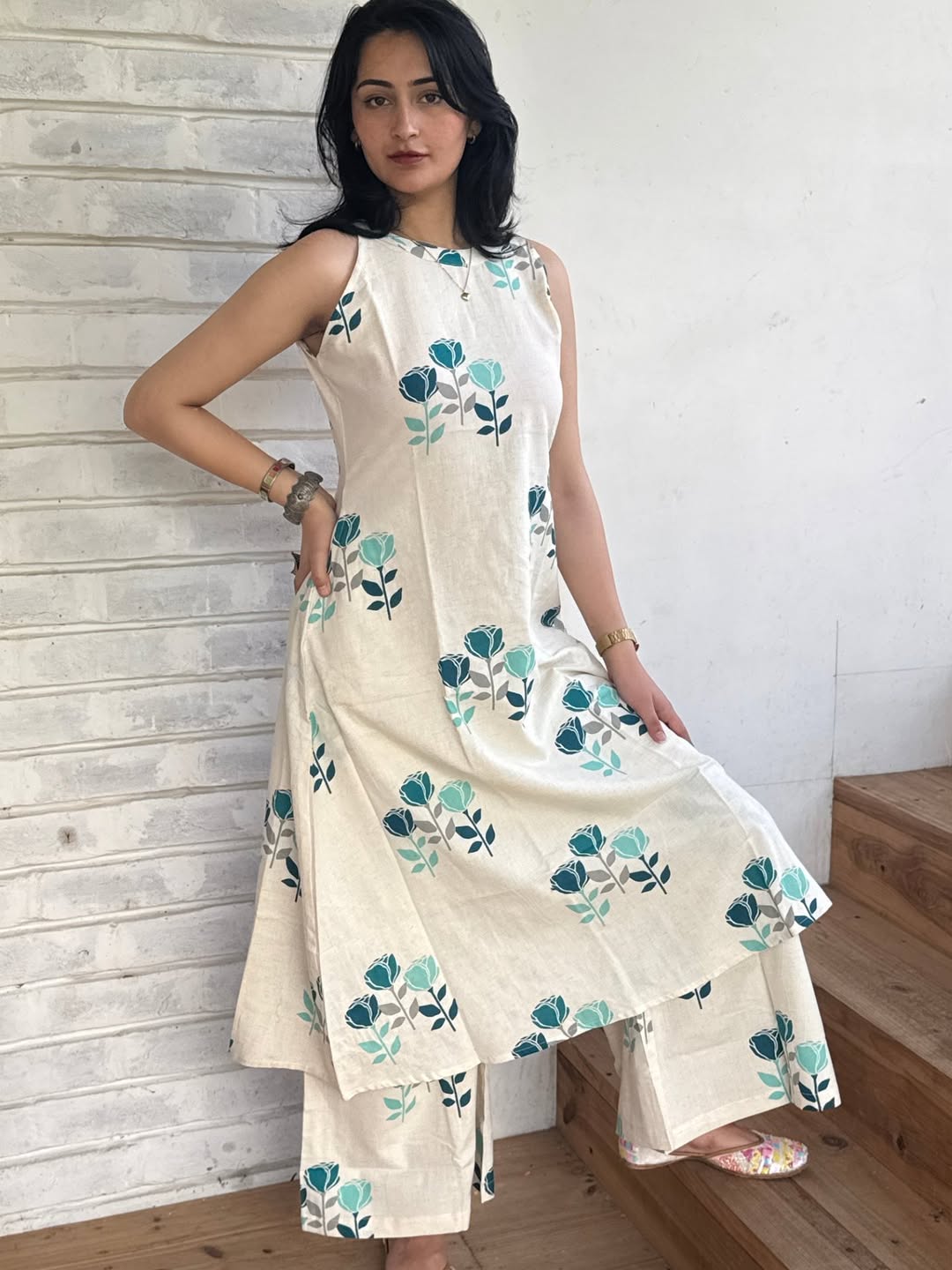 Off White Printed Cotton Kurta Palazzo Set | Elegant A-Line Halter Neck Outfit for Women