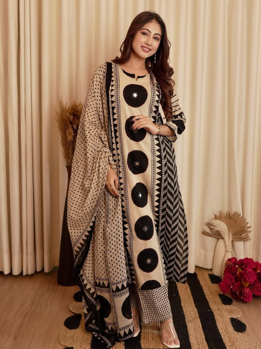 Black Beige Ajrakh Cotton Kurti Pant Dupatta Set for Women