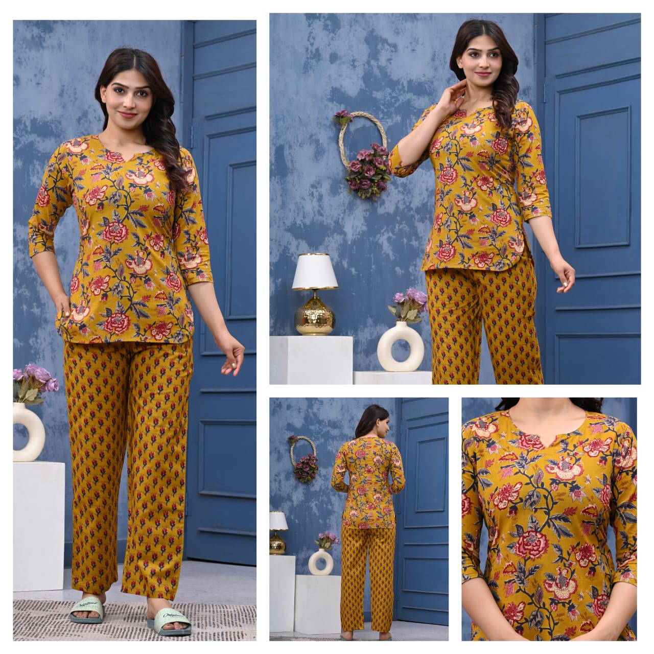 Mustard Printed Cotton Night Suit for Women (MVNS05)