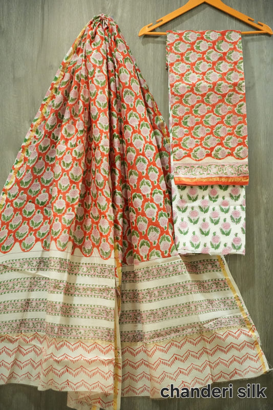 Orange Red & Pink Gol Butti Hand Block Print Chanderi Silk Dress Material (MVCHS34)