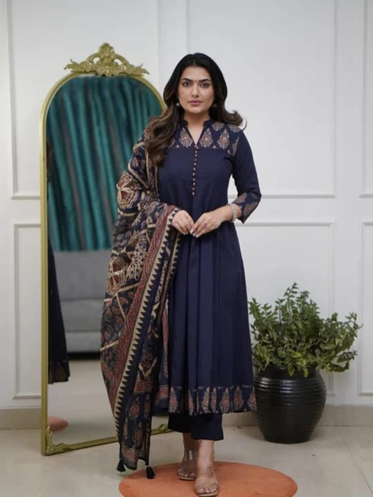 Navy Blue Cotton Anarkali Suit
