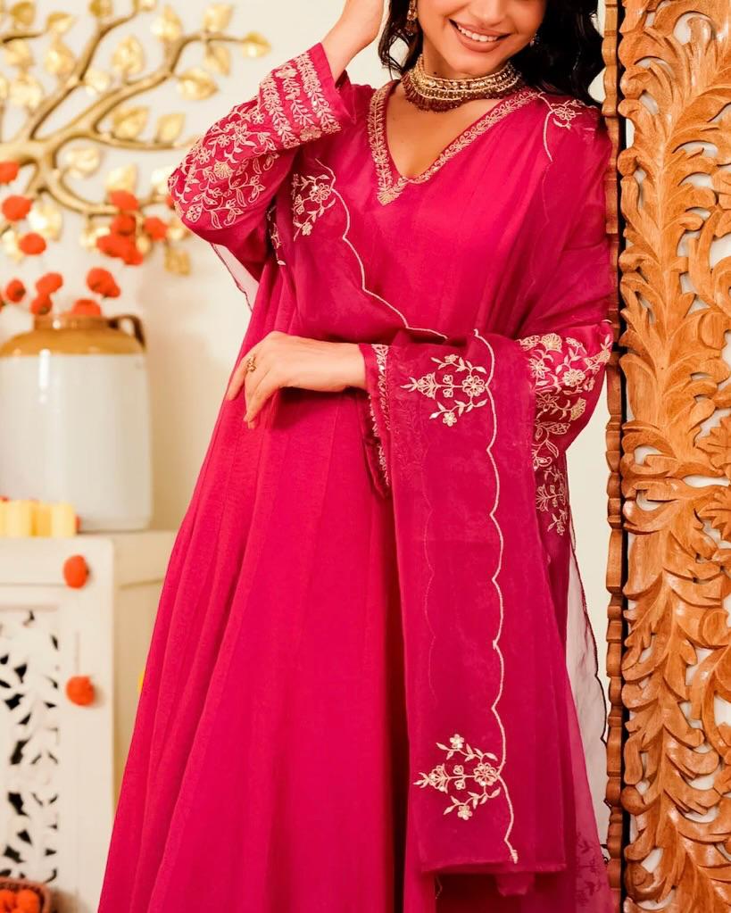 Rani Pink Chinon Silk Anarkali Kurti Pant Dupatta Set for Women