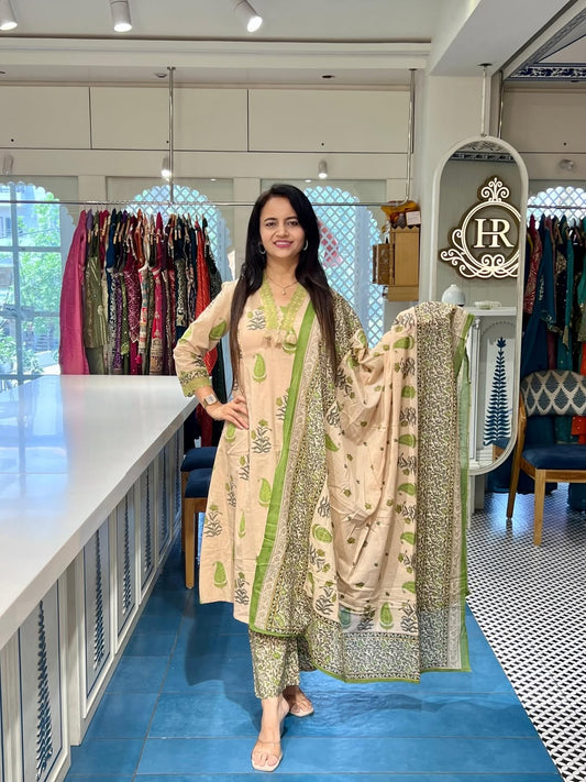 Cream & Olive Green Paisley Block Print Cotton Kurti Palazzo Dupatta Set
